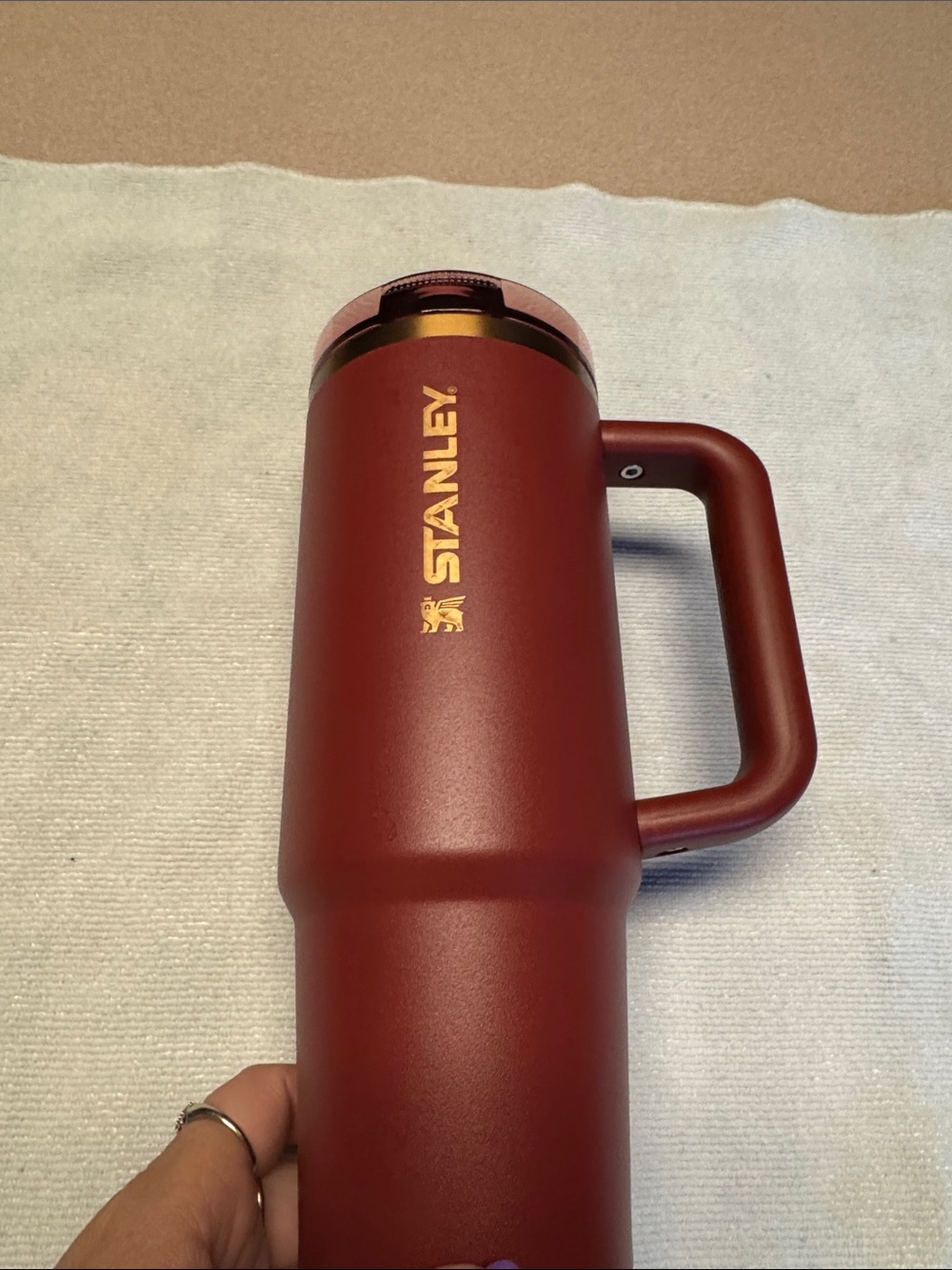 Stanley Maroon Travel Mug with Gold Logo and Handle